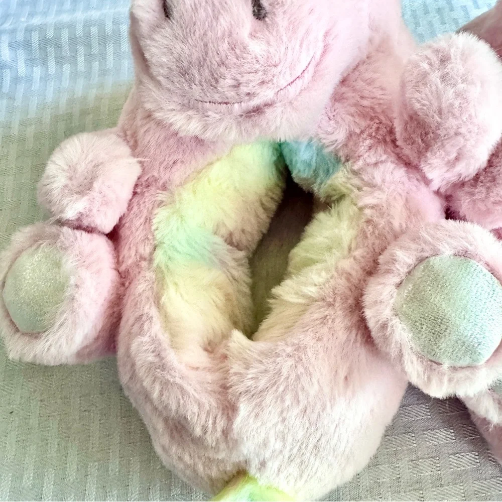 Pink Unicorn Plush‎ Slippers Kids Size L 4/5 Rainbow Pastel Cozy Faux Fur Shoes
